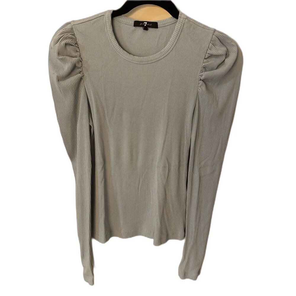 7 For All Mankind Puff-Sleeve Ribbed Long-Sleeve Top Light Blue Womens XS